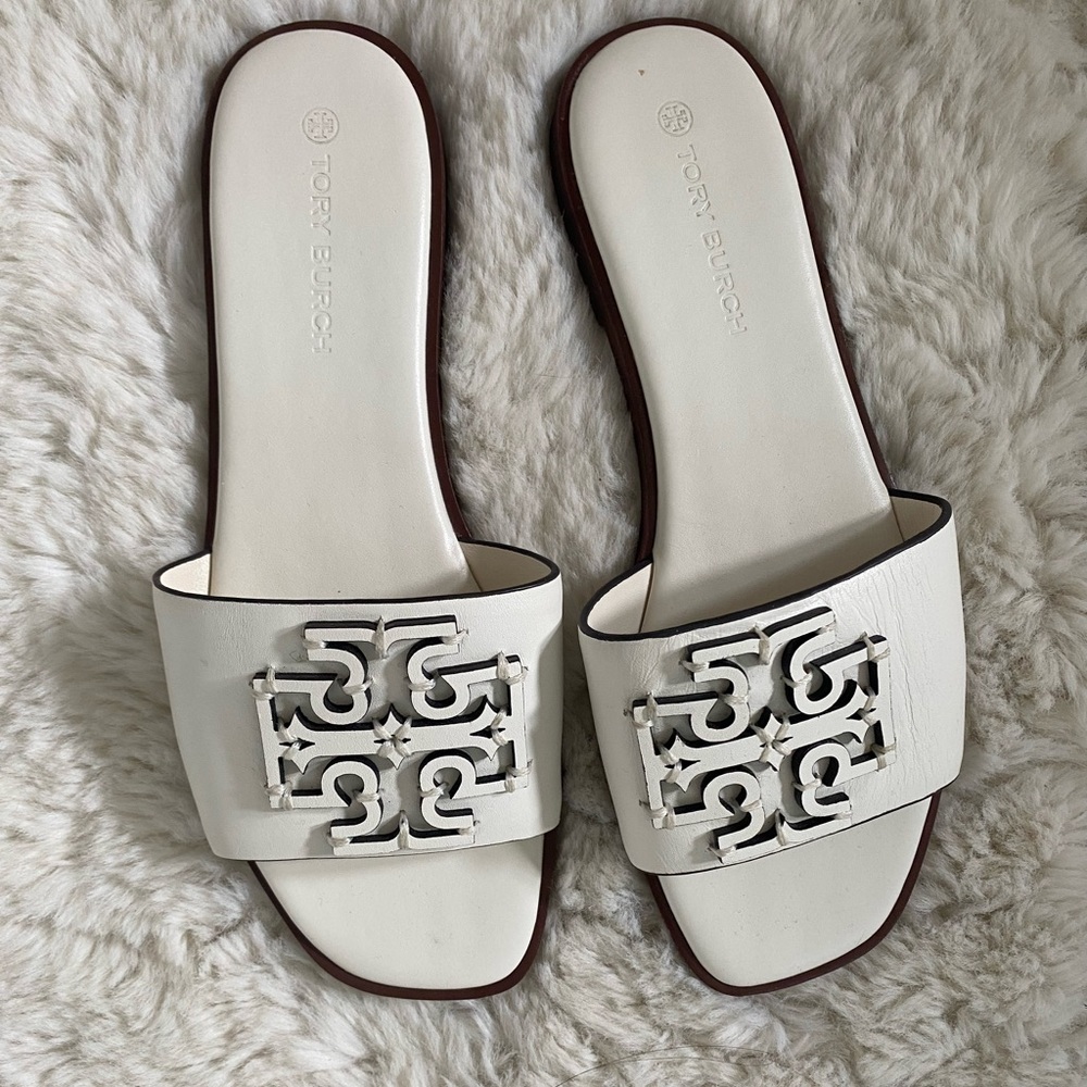 Tory Burch White Leather Slide Sandals with Logo Cutout